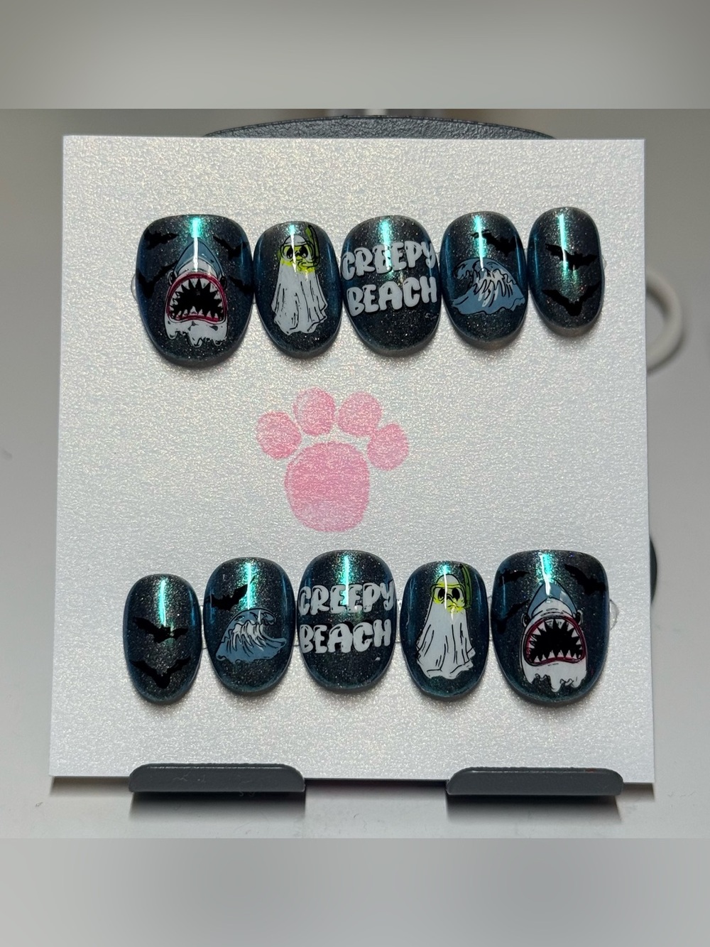 Creepy Beach Dark Teal chrome extra short round nails size Large